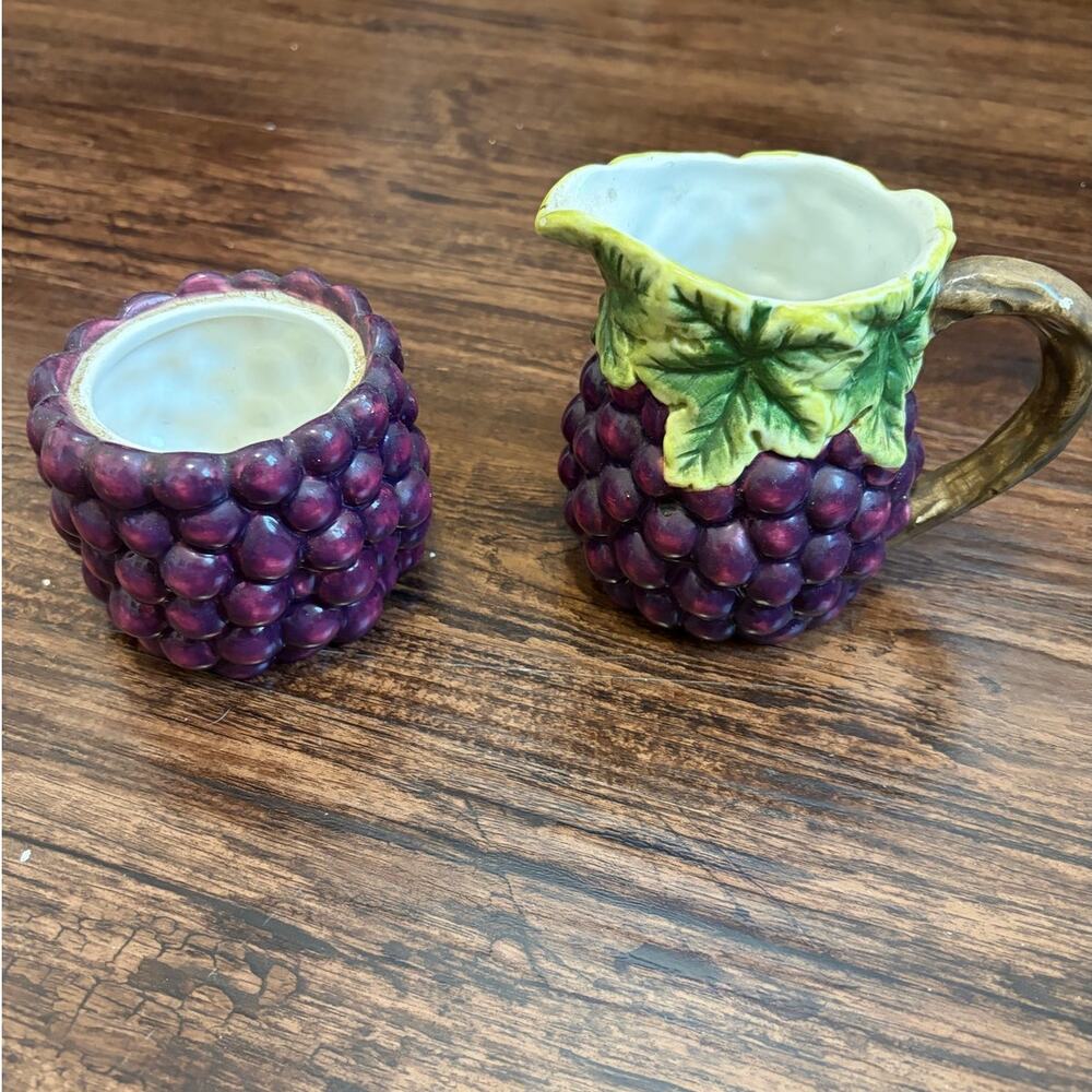 Ceramic Grape Creamer & Sugar Retro Purple Small Kitchenware Farmhouse Cottage
